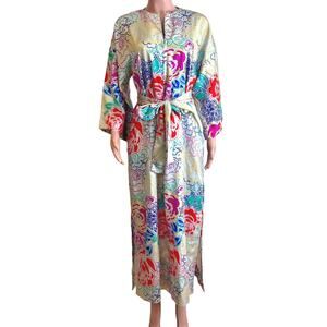 Vintage Chiha Kimono Maxi Dress 1960’s Satin Multicolor Floral Neiman Marcus
